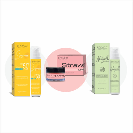 Summer Special Combo-Encyclo SPF 50 Sunscreen, Honey & Ashwagandha Moisturizer And Strawberry Lip Balm